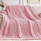 Negwoo Chunky Knit Throw Blanket, 50''*60'' Knitted Throw Chenille Yarn for Bed Couch, Handmade Light Pink Crochet Big Thick Blanket, Machine Washable Cute Comfy Blanket for Home Decor