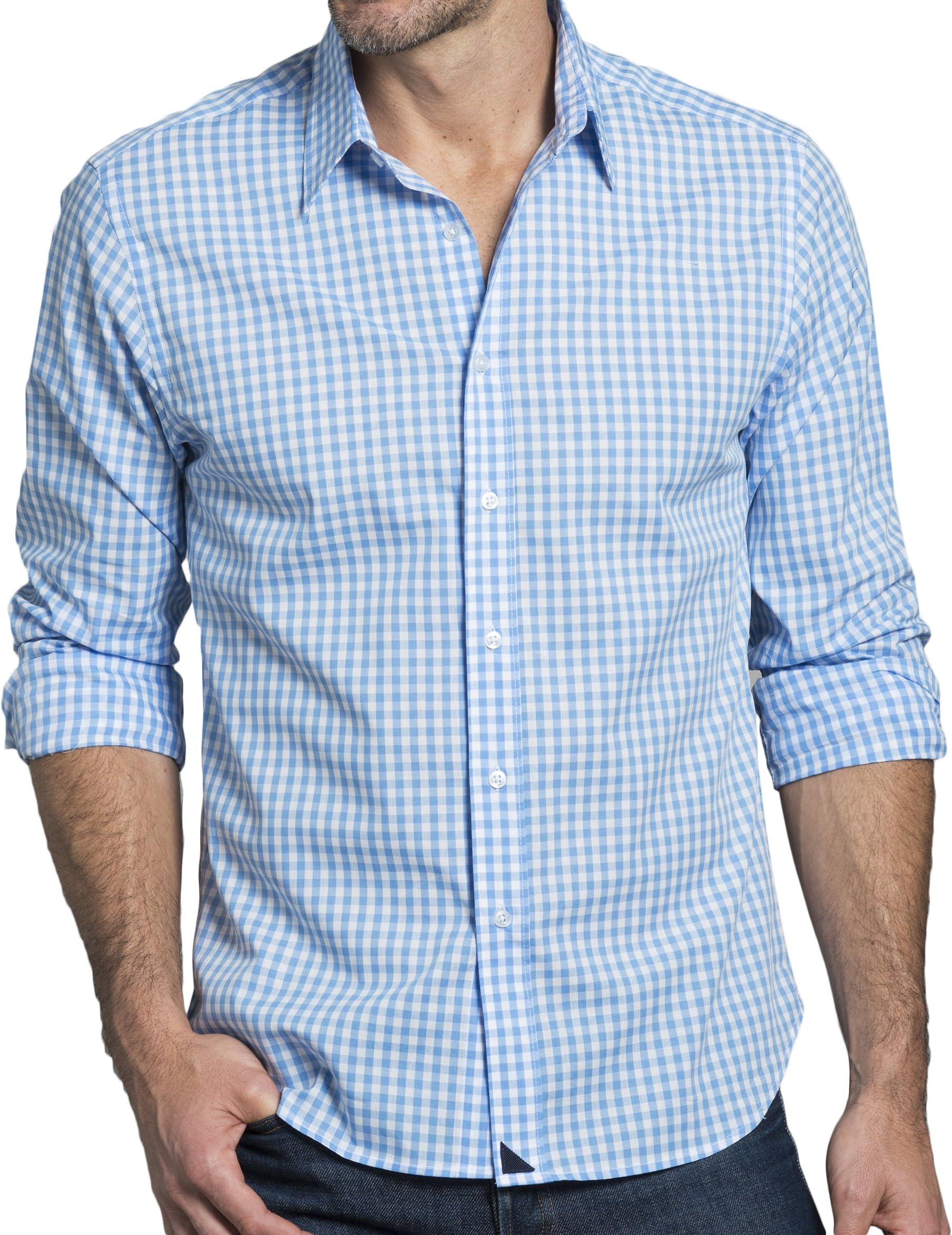 UNTUCKit Carneros Men's Button Down Shirt, Blue Gingham, 100% Lightweight Cotton Poplin