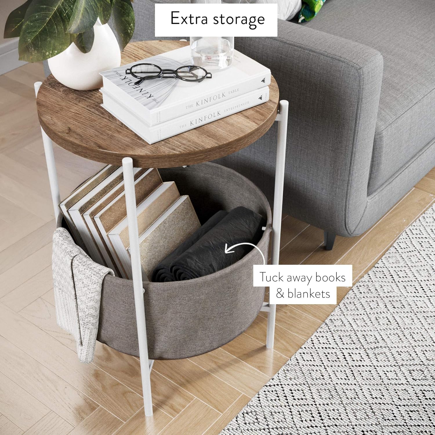 Nathan James Oraa Round Wood Side Table with Fabric Storage, Light Brown/White: Furniture & Decor