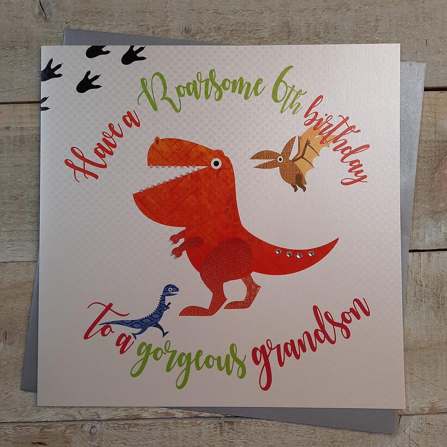 white cotton cards XR41-6GS Large"Have a Roarsome 6th Birthday to a Gorgeous Grandson" Handmade Card, 22cm x 22cm
