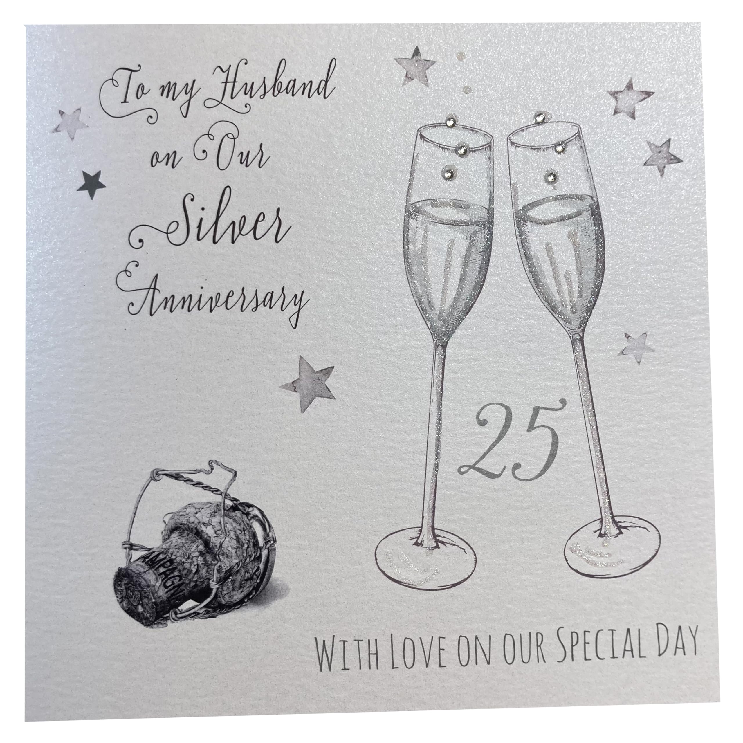 white cotton cards To My Husband on Our Silver Anniversary, Handmade Large 25th Silver Anniversary Card Champagne Glasses, XLWA25H