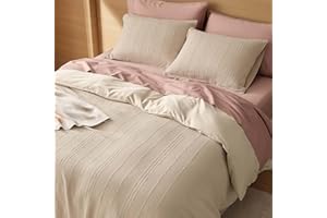 DOUBLE STITCH BY BEDSURE Double Stitch Cotton Tencel Duvet Cover Queen - Striped Textured Queen Size Duvet Cover Set, Ultra Soft & Breathable Bedding Set, Button Closure, 90" x 90", Textured Sandstone
