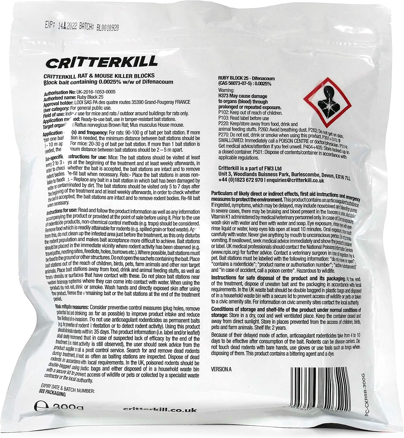 CritterKill Rat & Mouse Killer Poison Blocks 300g - Rat and Mouse Poisoning Sachets - All Weather Block Bait (600g) - Image 4