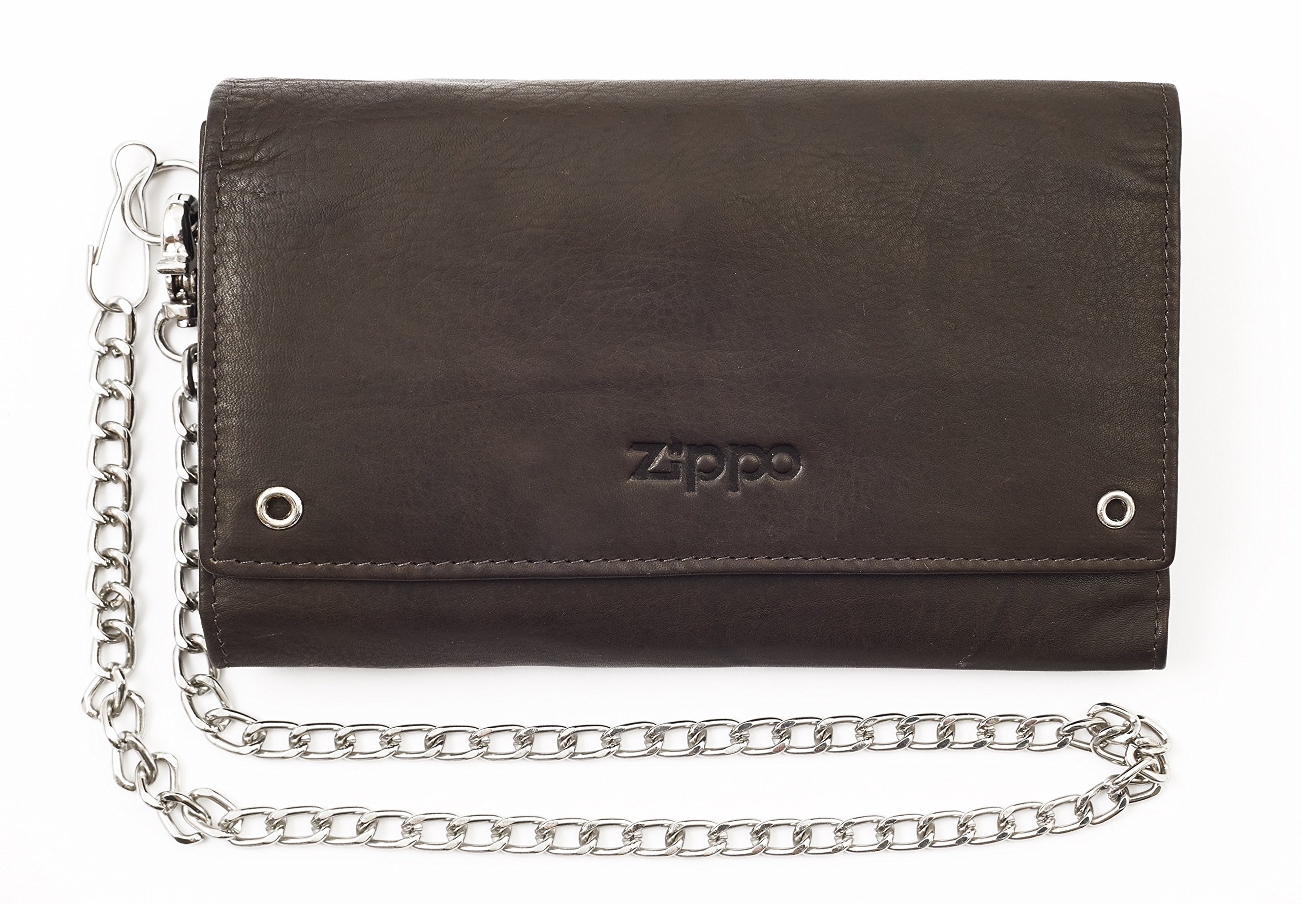 Zippo - Biker Style Wallet, Leather, Mocha, with Metal Chain, Coin Compartment and Storm Lighter Compartment, Ideal for Cards and Notes