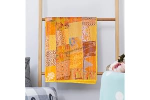 Boho Sanskriti Indian Silk Patchwork Kantha Quilts Queen Twin Size Patola Bedspread Throws Bedding Comforter Hand Quilted Blankets Premium Bohemian Bed Cover for Mix Yellow Color Shades Patches