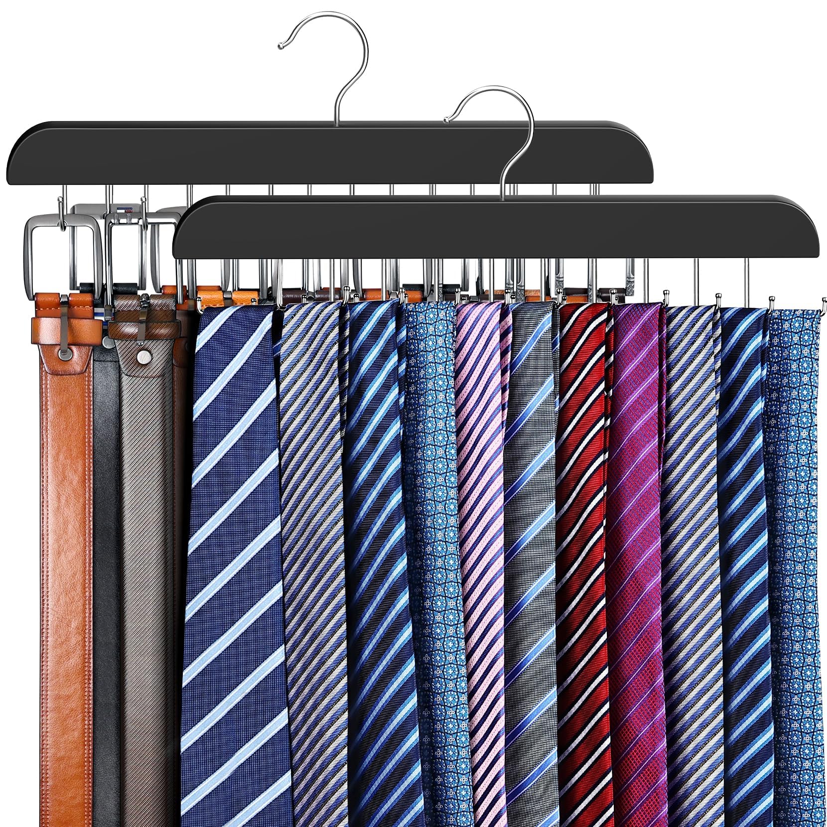 Photo 1 of 2 Pack Tie Rack & Belt Hanger 2 in 1 Tie Hanger Space Saving Max 42 Belts& 60 Ties Capacity for Closet Organizers and Storage, Sturdy Wood Belt & Tie Collection Organizer