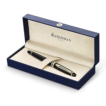 Waterman Expert Fountain Pen Gloss Black With 23k Gold Trim Medium Nib With Blue Ink Cartridge Gift Box - 