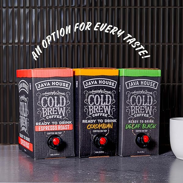 JAVA HOUSE COLD BREW COFFEE ON TAP – PREMIUM 100% ARABICA DARK ROAST – SMOOTH ESPRESSO FLAVOR WITH DARK CHOCOLATE NOTES – 1 GALLON BOX (16 SERVINGS) – READY TO DRINK, NO BREWING REQUIRED, FRIDGE-FRIENDLY