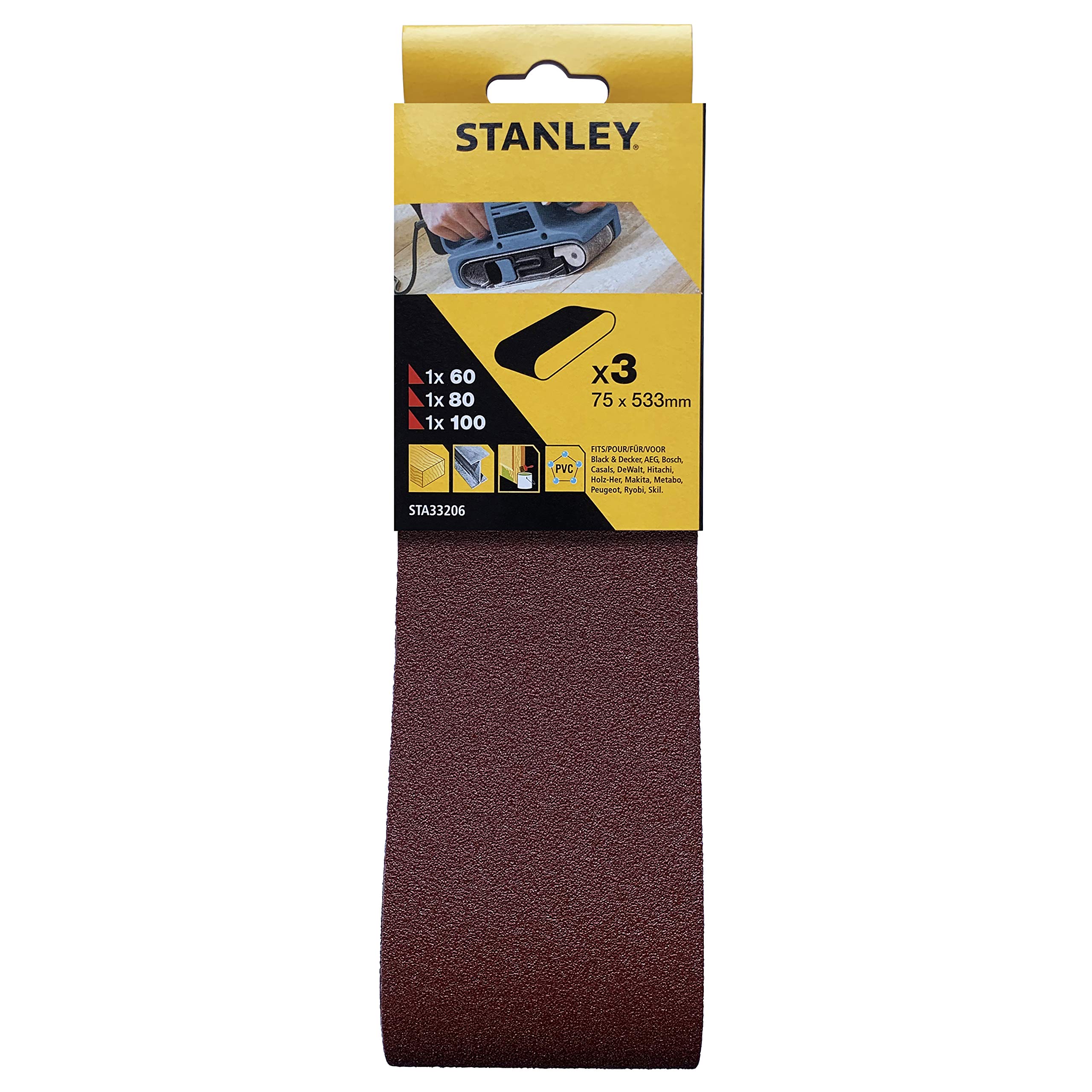 Stanley STA33206 Sanding Belt Set for Belt Sanders (75 x 533 mm, 1 x K60, 1 x K80, 1 x K100, Suitable for Black+Decker BD75, BD75E, KA75E, KA88)