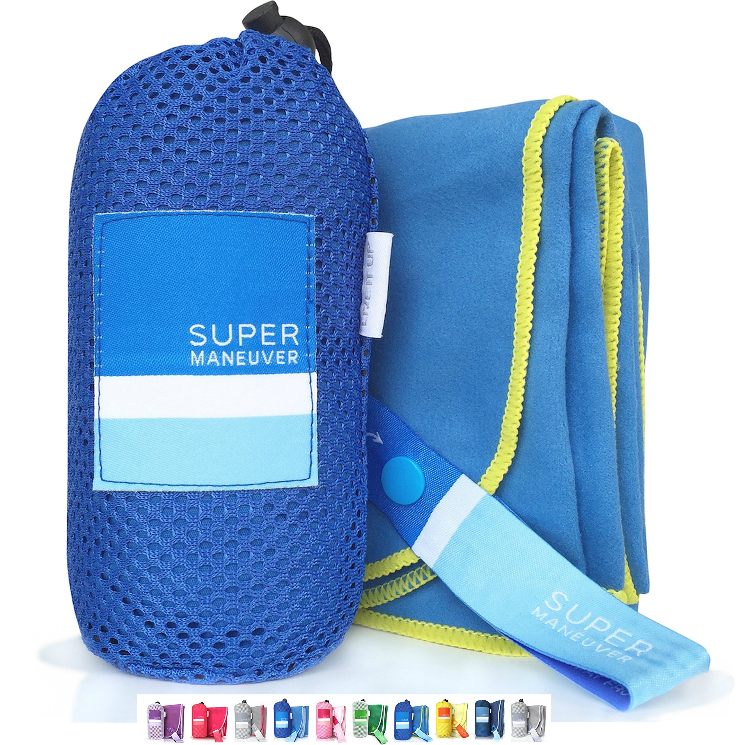 Super Towel for Sports, Travel & Beach — Extra Large, Lightweight, Compact, Absorbent, Quick-Drying, Soft Microfiber Suede — For indoors, outdoors, pool, gym, camping (Blue+Yellow, XL (60x32"))