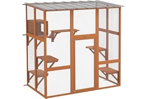PawHut Catio Outdoor Cat Enclosure, 68" L Large Wooden Outdoor Cat House with Condo, Jumping Platforms, Bridge, Waterproof Ro