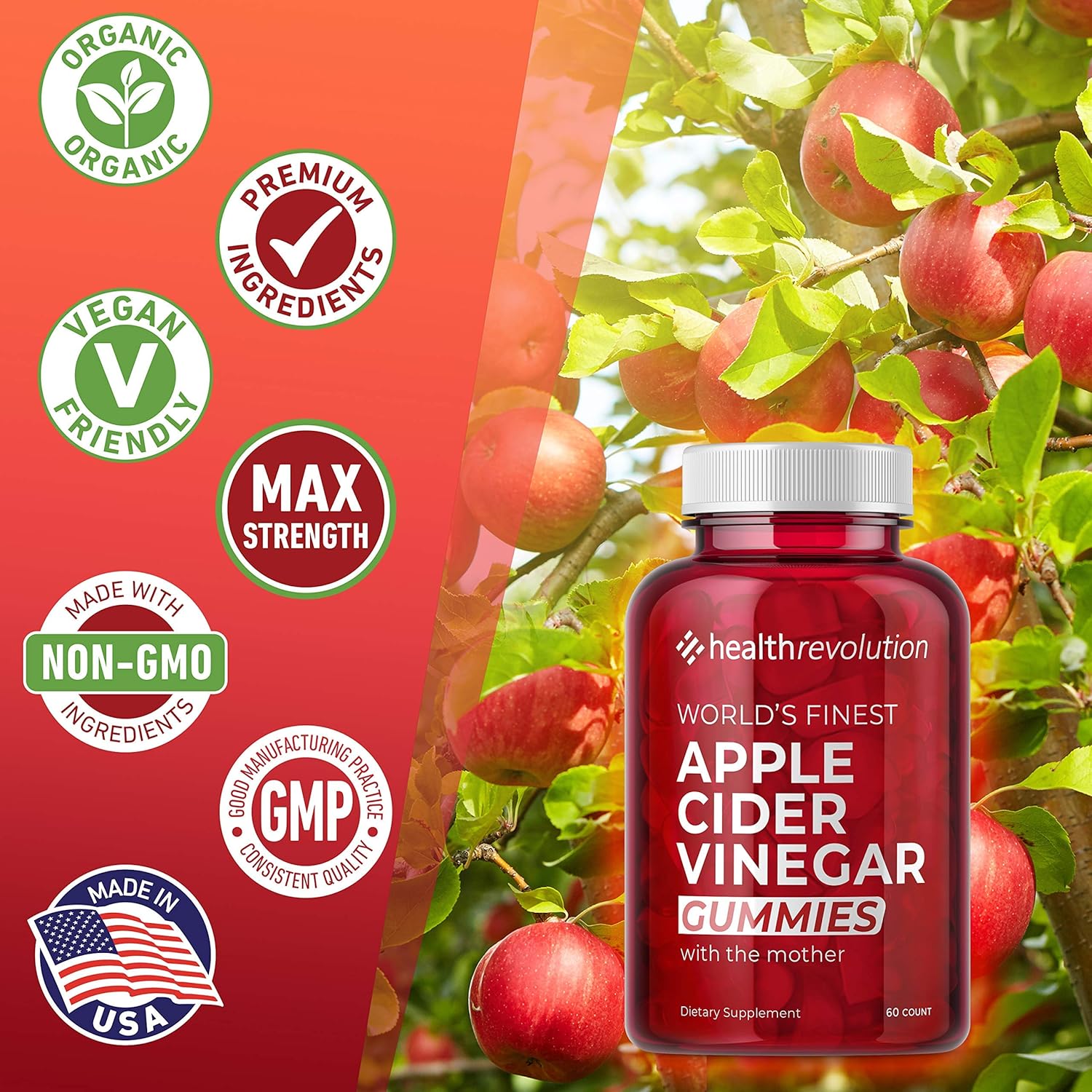 Health Revolution Apple Cider Vinegar Gummies for Detox, Cleanse & Weight Management - Non-GMO ACV Gummies with The Mother - 60 CT: Health & Personal Care