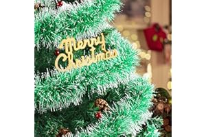 ADISHER 50Ft Christmas Tinsel Garland, Green Snowflake Metallic Twist Garland for Xmas Tree Decorations, Tinsel Garland for New Year Party Ceiling Hanging Decorations Indoor and Outdoor Decor