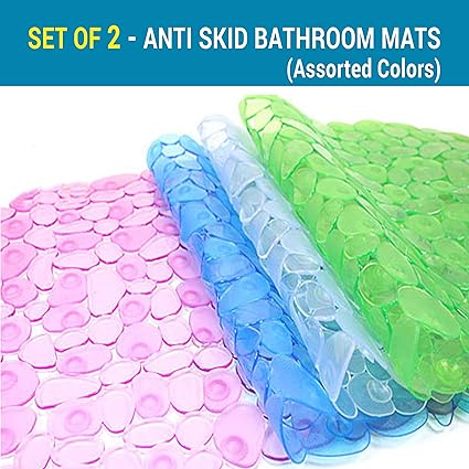 TIED RIBBONS Set of 2 Non Slip Bath/Shower Mat, PVC, Pebble Effect with Suction Cups Washable Anti Bacterial Mat(2 pc, Assorted Color,PVC)