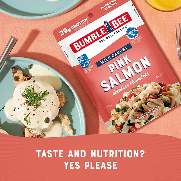BUMBLE BEE SKINLESS & BONELESS PINK SALMON, 5 OZ POUCH – PREMIUM WILD CAUGHT SALMON FOR SNACKS, SANDWICHES & RECIPES – 29G PROTEIN PER SERVING – GLUTEN FREE, KOSHER, MSC CERTIFIED