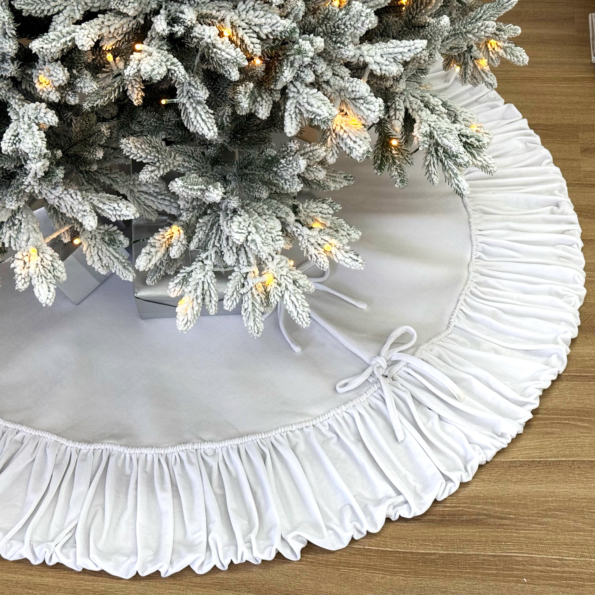 Photo 1 of *MINOR DAMAGE*
72-Inch Ruffled Velvet Christmas Tree Skirt, Thick Foam-Lined Heavy Duty Fabric with Plush Lace Ties, Ivory White