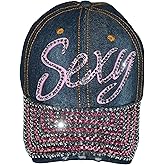 Popfizzy Bling Hat for Women and Girls, Fun Rhinestone Baseball Cap, Bejeweled Distressed Denim Hat, Bling Gifts for Women