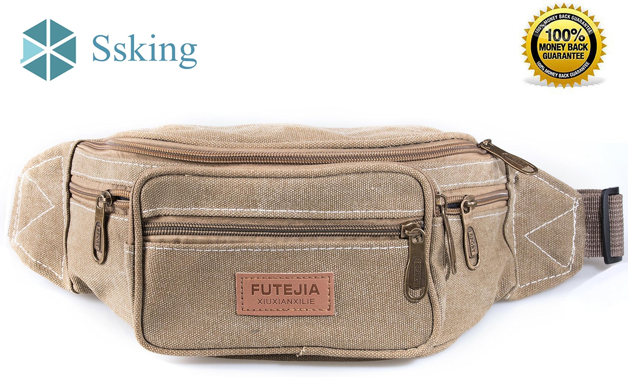 FUTEJIA Fanny Pack Rugged Multi-Functional with 7 Zippered compartments. Tour Lumbar Pack Sports Bag Waist Pack | Stylish Unisex Design.(Khaki)