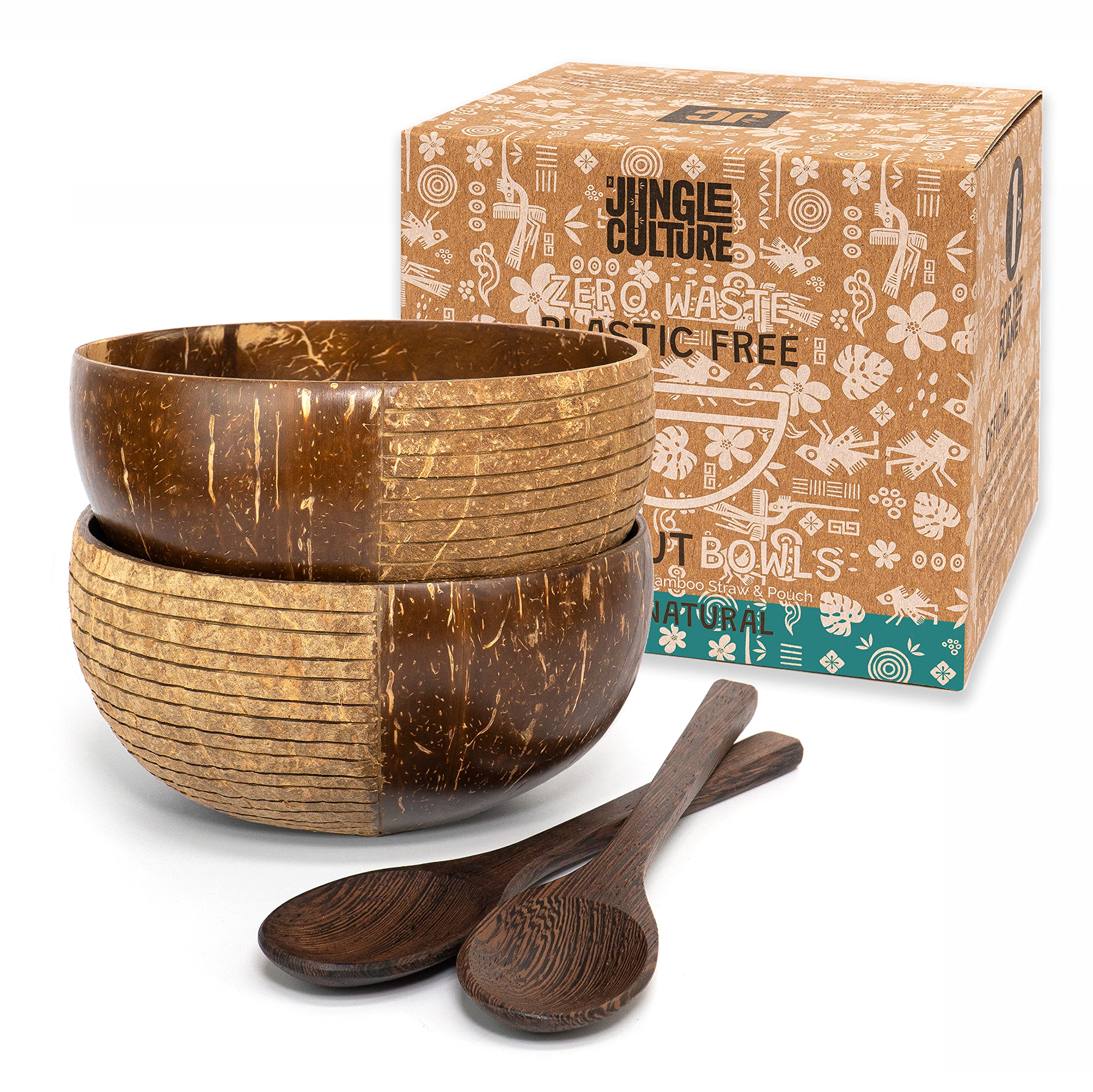 Jungle Culture® Set of 2 Coconut Bowls & Spoons • Organic Wooden Bowls Polished with Coconut Oil, Reusable Straw & Pouch • Handmade Serving Bowls for Food Acai Smoothies & Salad • Eco Friendly Gift