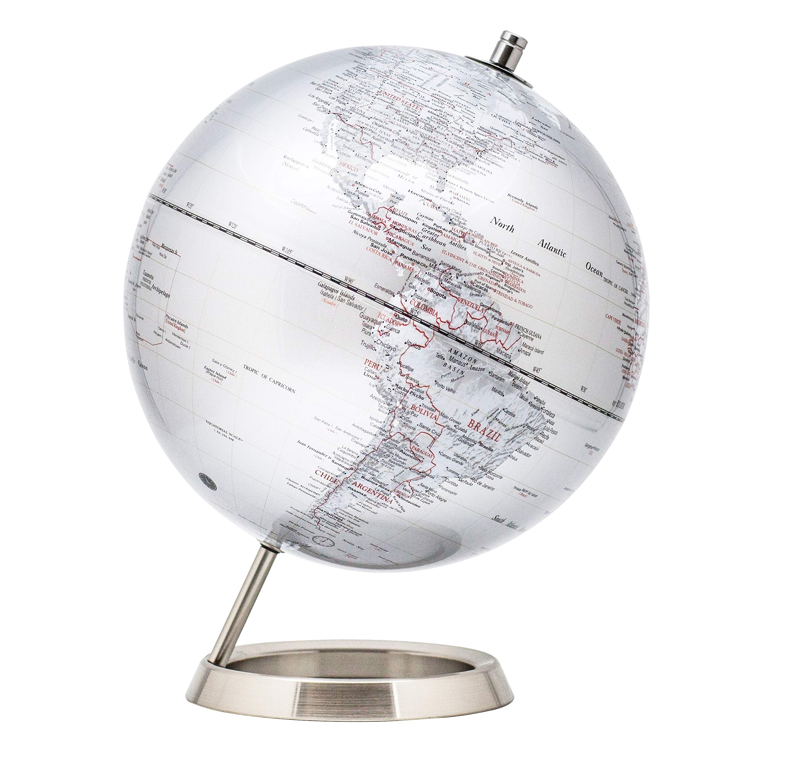 Exerz 25cm World Globe- Stainless Steel Ring Standing, Packaging in premier Kraft Box, Perfect for Gifting - Metallic Silver Colour
