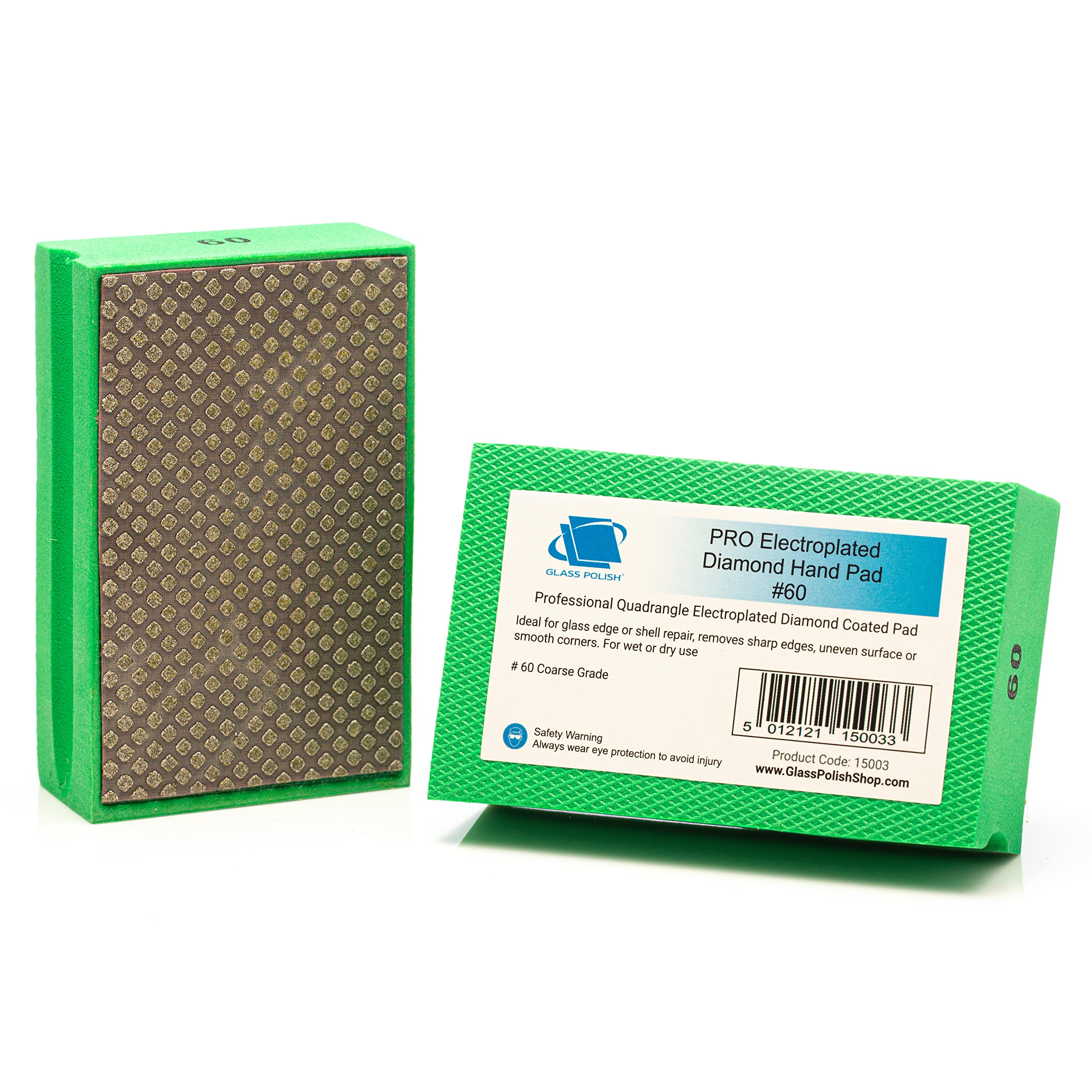 GLASS POLISH PRO Diamond Hand Polishing Pad, Grit 60 Very Coarse Foam Sanding Block for Quick Stock Removal and Grinding of Glass, Tiles, Ceramics, Concrete, Granite, Marble, and More - GP15003