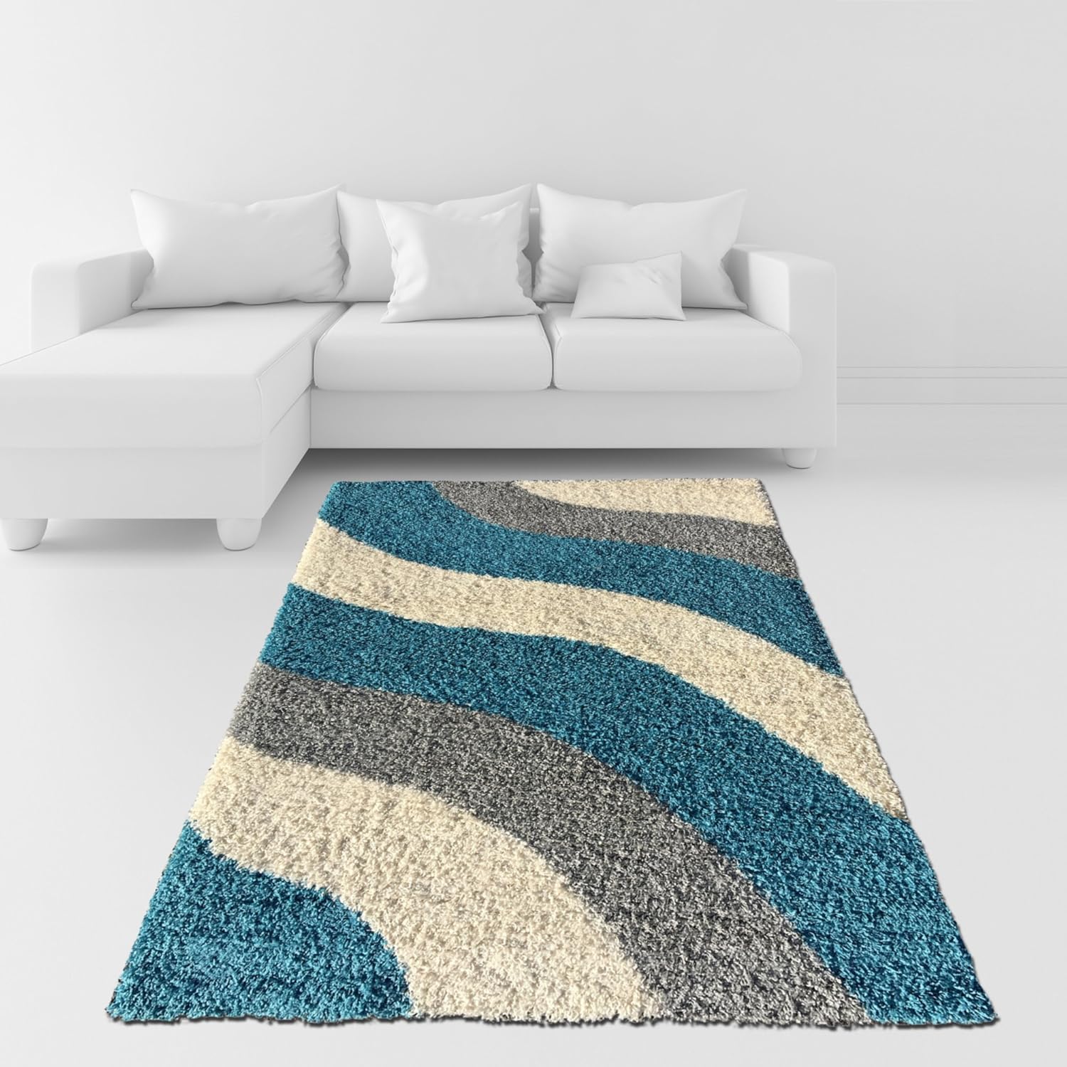 Amazon Soft Shag Area Rug 5x7 Geometric Striped Turquoise