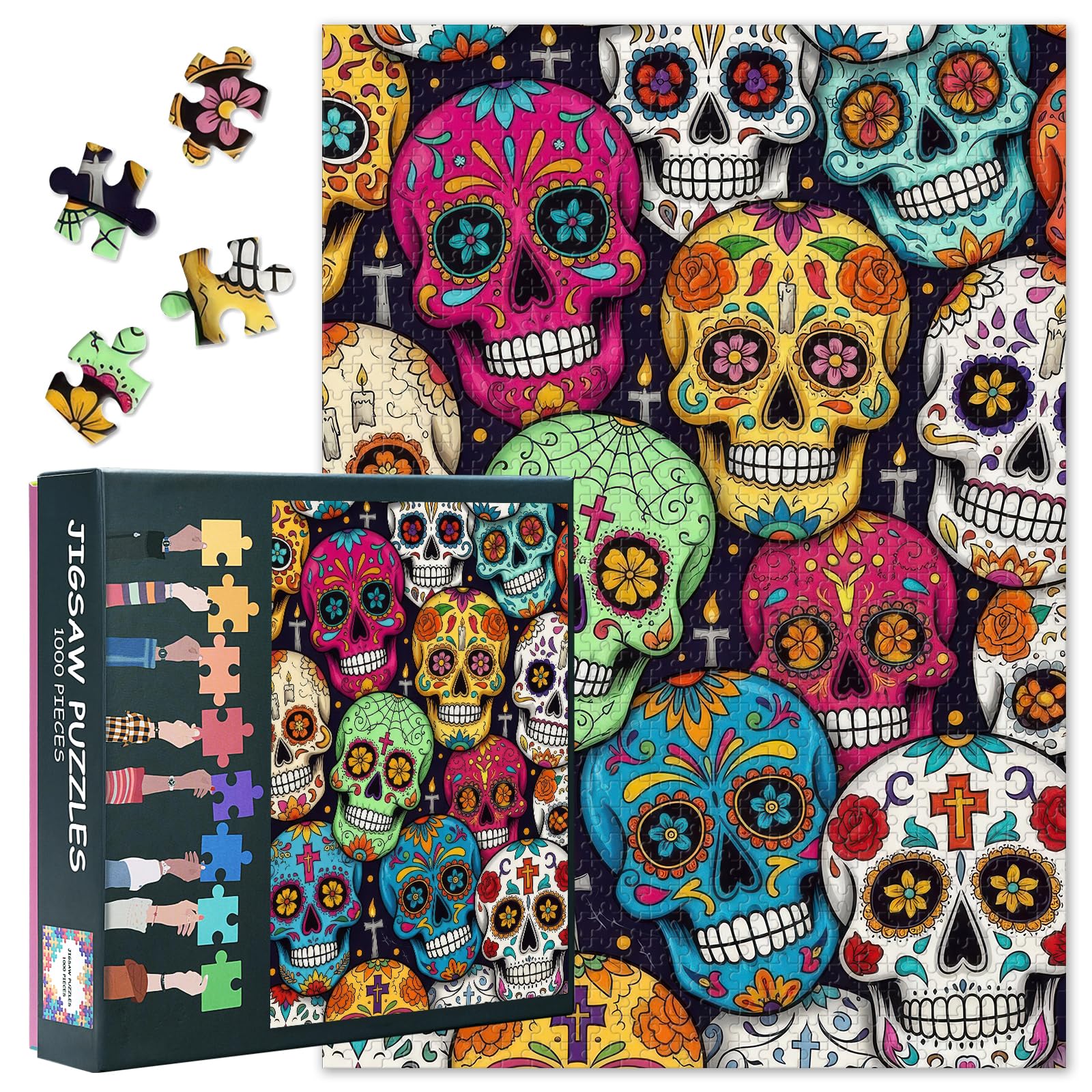 Adult Puzzles 1000 Pieces, Jigsaw Puzzle for Adults - Vibrant Sugar Skull with Intricate Floral Designs, Mexican Day of the Dead Art, Cool and Challenging Adult Puzzles(27.5x19.7 Inches)