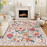 DUKINO 6x9 Area Rug, Floral Rugs for Living Room, Lightweight Non Slip Washable Rug, Indoor Low Pile & Non-Shedding Boho Design Rugs for Bedroom, Living Room, Dining Room, Beige