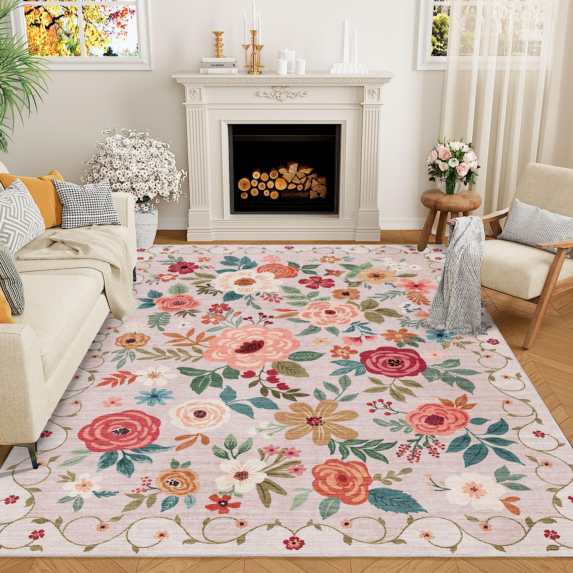DUKINO 8x10 Area Rug, Floral Rugs for Living Room, Lightweight Non Slip Washable Rug, Indoor Low Pile & Non-Shedding Boho Design Rugs for Bedroom, Living Room, Dining Room, Beige Image