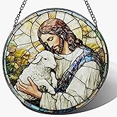 LAOWEIKI 8 Inches Jesus Holding Lamb Painted Stained Glass Suncatcher, Christian Ornament, Window Hanging Decor, Christmas Decor, Christian Gift, Religious Gift, Gifts for Christmas