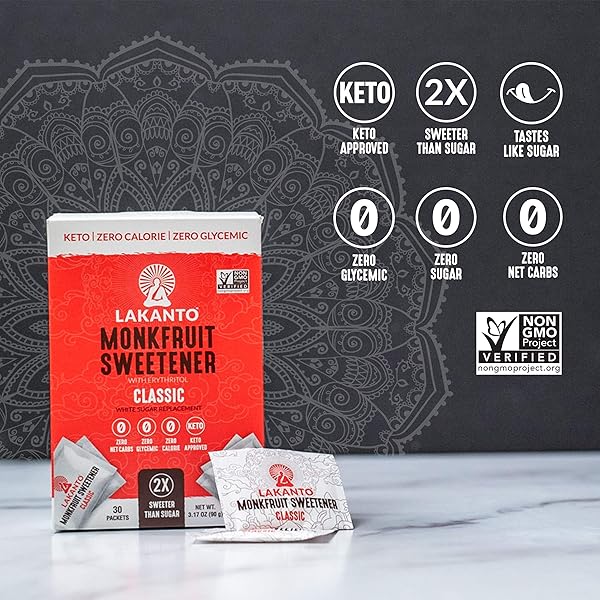 LAKANTO CLASSIC MONK FRUIT SWEETENER WITH ERYTHRITOL SWEETENER PACKETS – WHITE SUGAR REPLACEMENT, ZERO NET CARBS, CALORIES, SWEETEN ON THE GO, COFFEE, LEMONADE, TEA, DESSERTS – CLASSIC (3G – 30 COUNT)