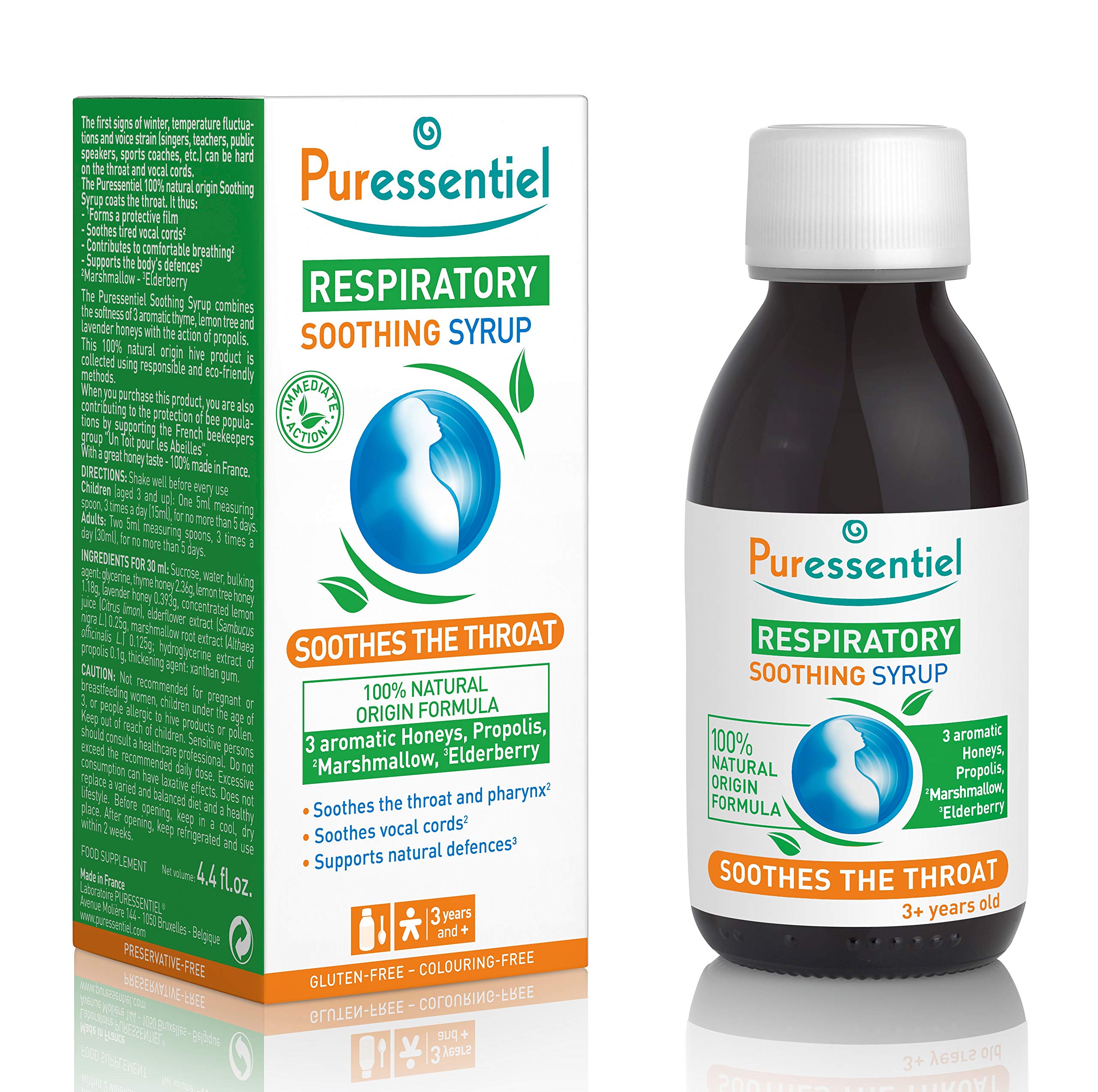 Puressentiel Sore Throat Soothing Syrup 125 ml- Soothes & Relieves Sore Throats Immediately - for Dry & Tickly Coughs- Helps Relieve Vocal Cords- 100% Natural Formula- Suitable for Children Aged 3+