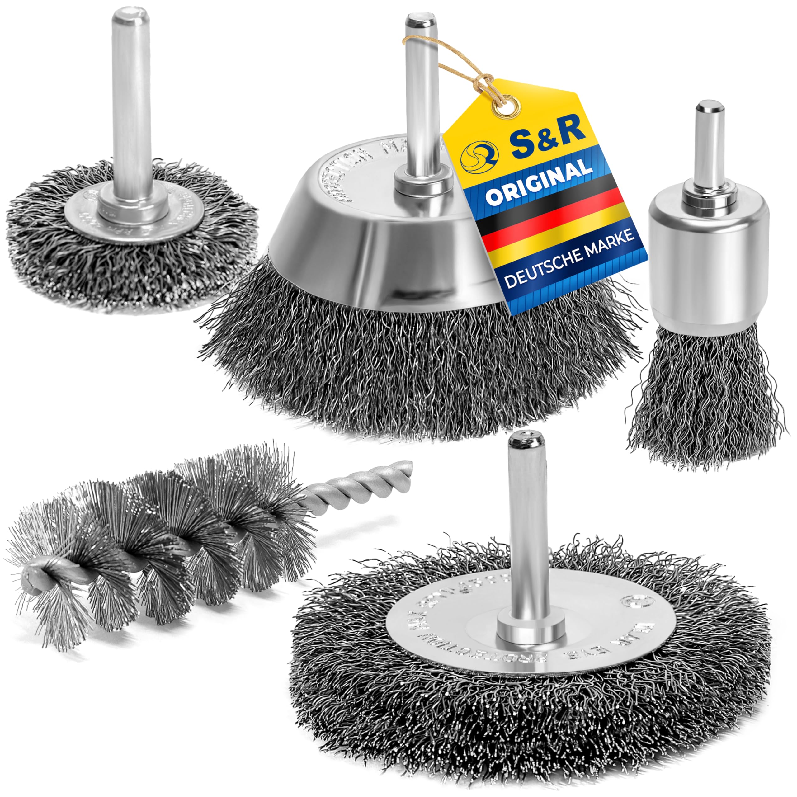 S&R wire brushes drill bit set 5 pcs, round shank 6mm: 2 round brushes 38, 75 mm, 1 cup brush 75 mm, 1 brush 25 mm, 1 pc. Cylinder brush 28x60x90 mm