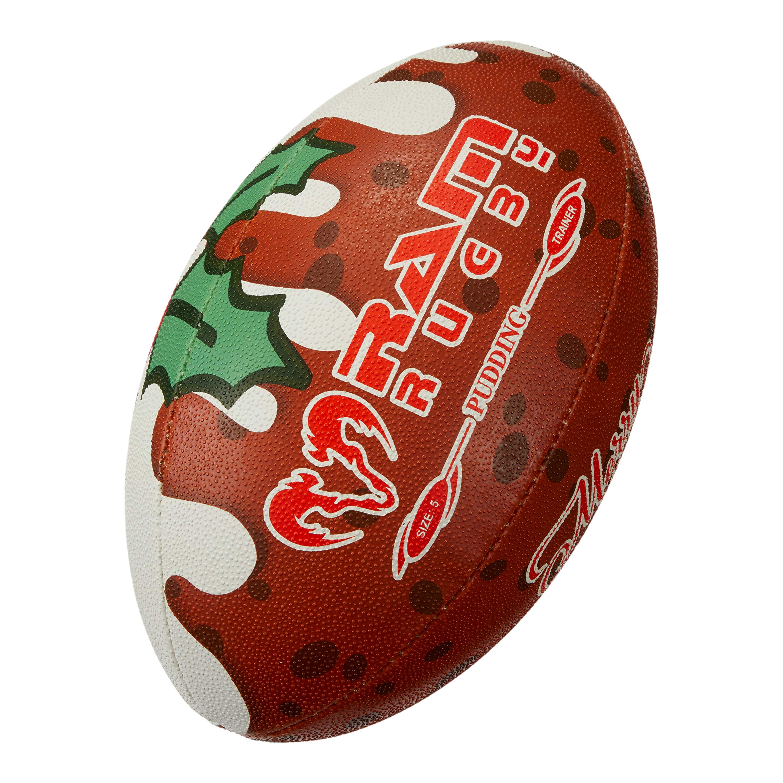 Ram Rugby Ball- Squad Trainer Ball - Christmas Pudding Design - Club Quality Rugby Training Ball. Hand stitched, 3 ply, 3-D Grip Stocking Filler/Rugby Gift for Fans