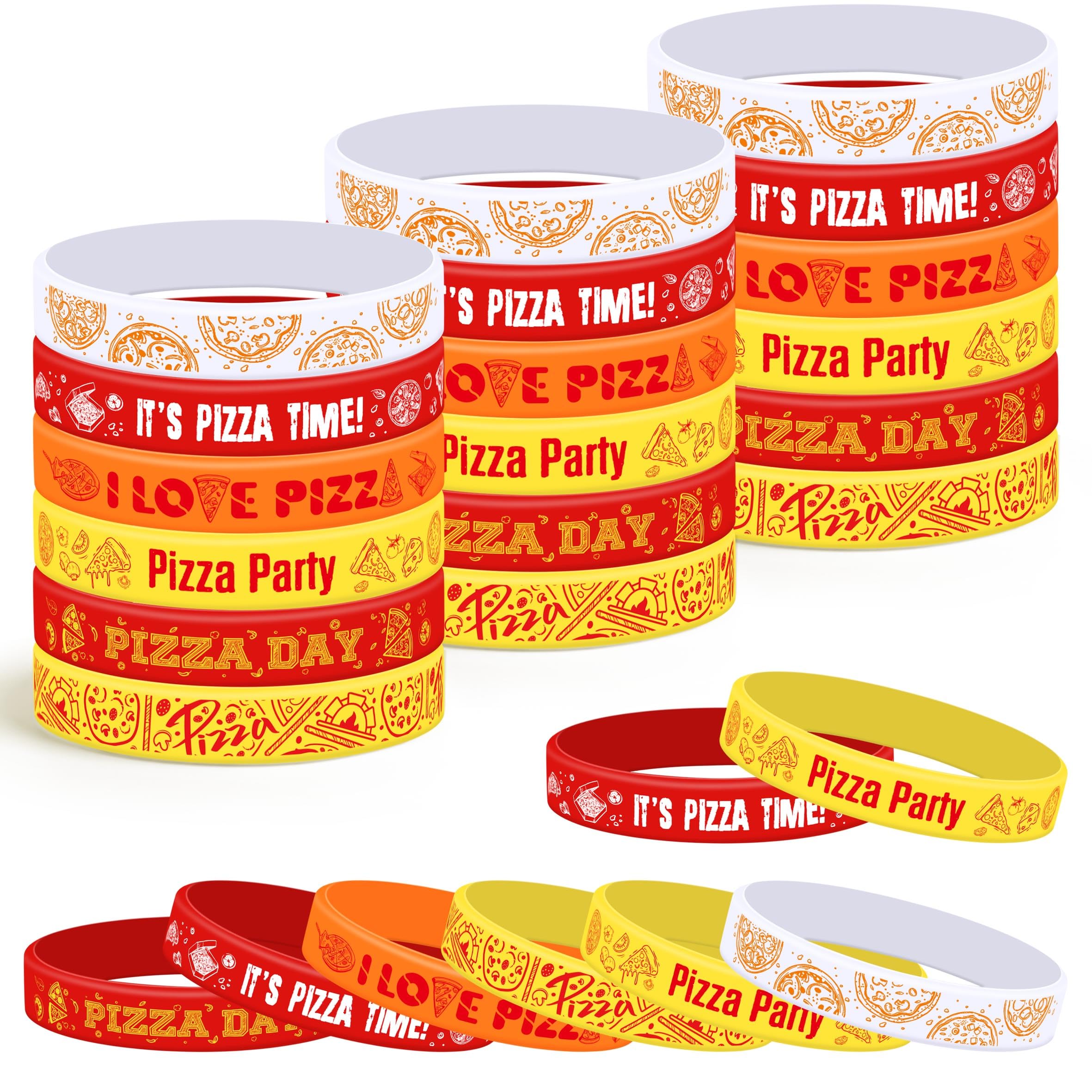 Photo 1 of Lesnala 48 Pcs Pizza party favors silicone bracelets 6 Styles Pizza themed rubber wristbands Pizza day colorful stretch wristband for Women Men Party Decorations Kids School Prizes