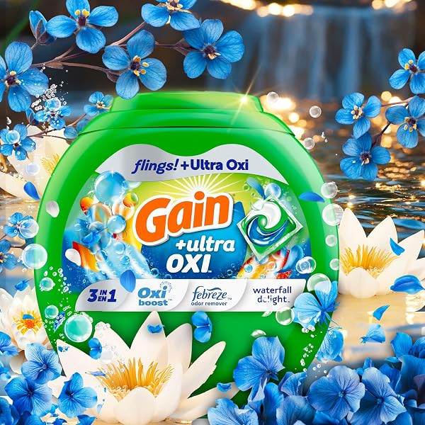 GAIN FLINGS ULTRA OXI LAUNDRY DETERGENT PACS, 76 COUNT, WATERFALL DELIGHT SCENT, 3-IN-1, HE COMPATIBLE