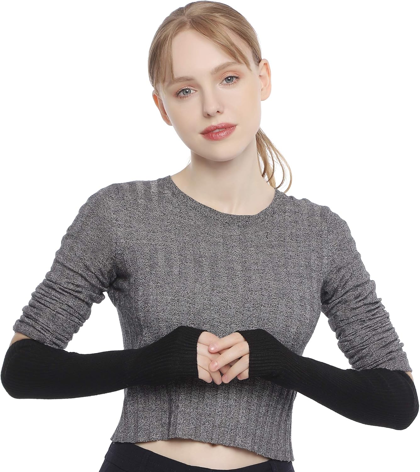 Flammi Women's Knit Arm Warmer Gloves Warm Cashmere Long Fingerless Mittens with Thumb Hole (Black) at  Women’s Clothing store