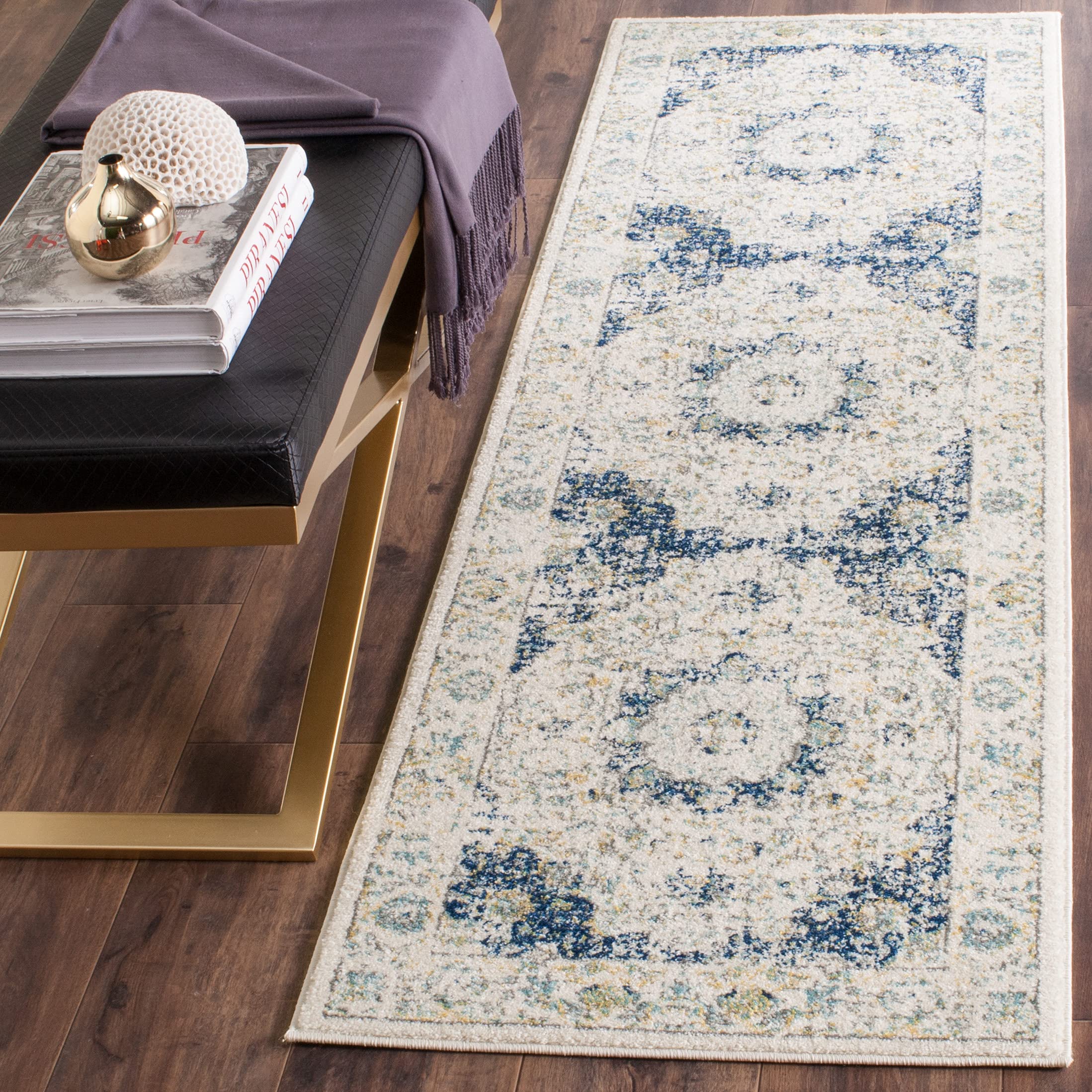 SAFAVIEH Evoke Collection Runner Rug - 2'2" x 9', Ivory & Blue, Shabby Chic Oriental Medallion Design, Non-Shedding & Easy to Clean, Ideal for Hallway, Foyer, Kitchen, Entryway, Bedroom (EVK220C) Image
