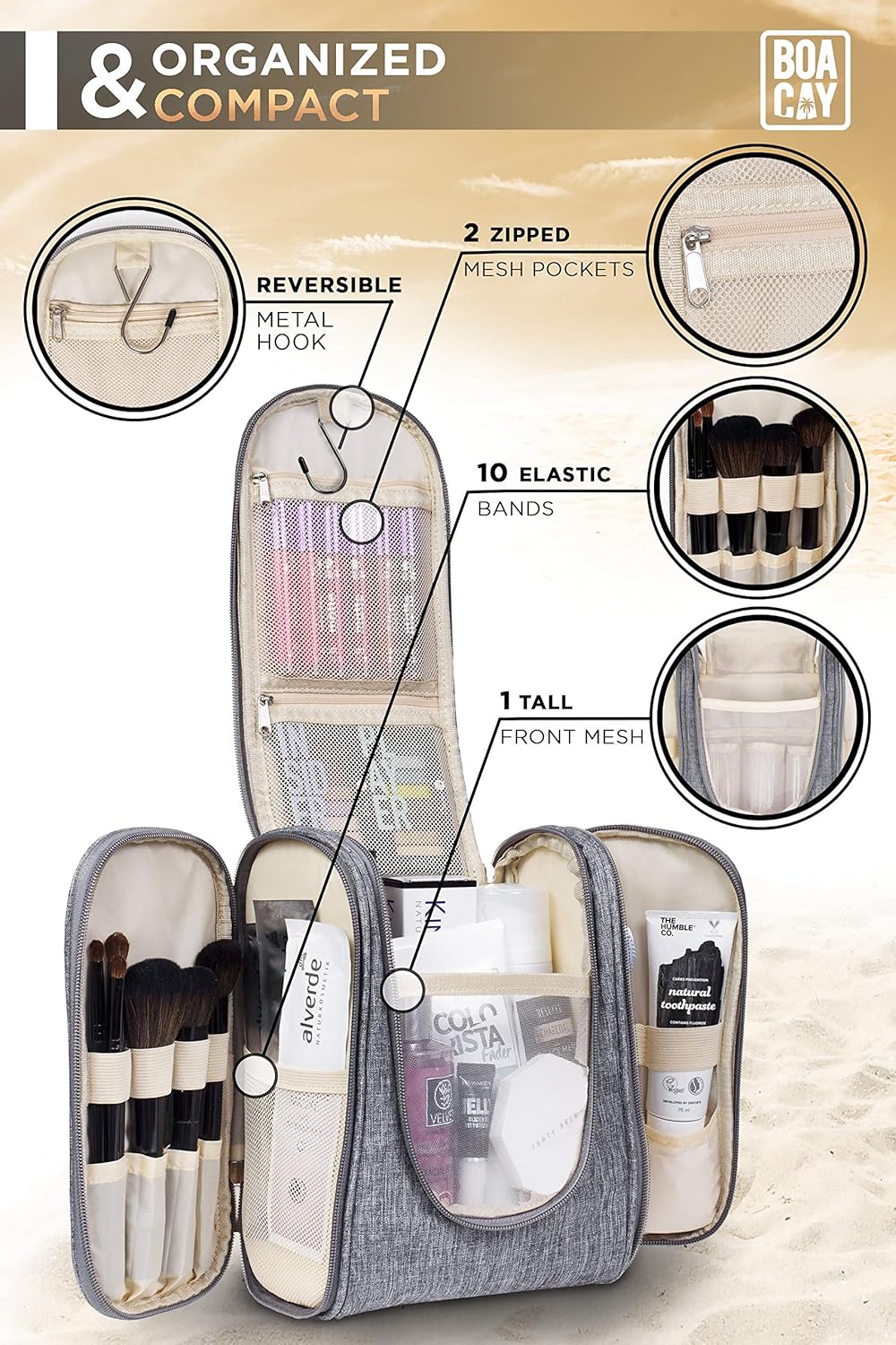 Premium Hanging Travel Toiletry Bag for Women and Men, Hygiene Bag, Bathroom and Shower Organizer Kit with Elastic Band Holders for Toiletries, Cosmetics, Makeup, Brushes: Clothing