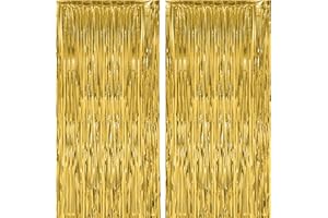 Voircoloria 2 Pack Gold Foil Fringe Backdrop Curtains, Tinsel Streamers Birthday Party Decorations, Fringe Backdrop for Graduation, Baby Shower, Gender Reveal, Disco Party