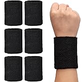 H&S Absorbent Wrist Sweatbands, 6Pcs Tennis Sweat Bands for Gym & Running - Black Moisture Wicking Wristbands for Exercise - Weight Lifting Sweat Band Men & Women, One Size fits all, Easy to Wash