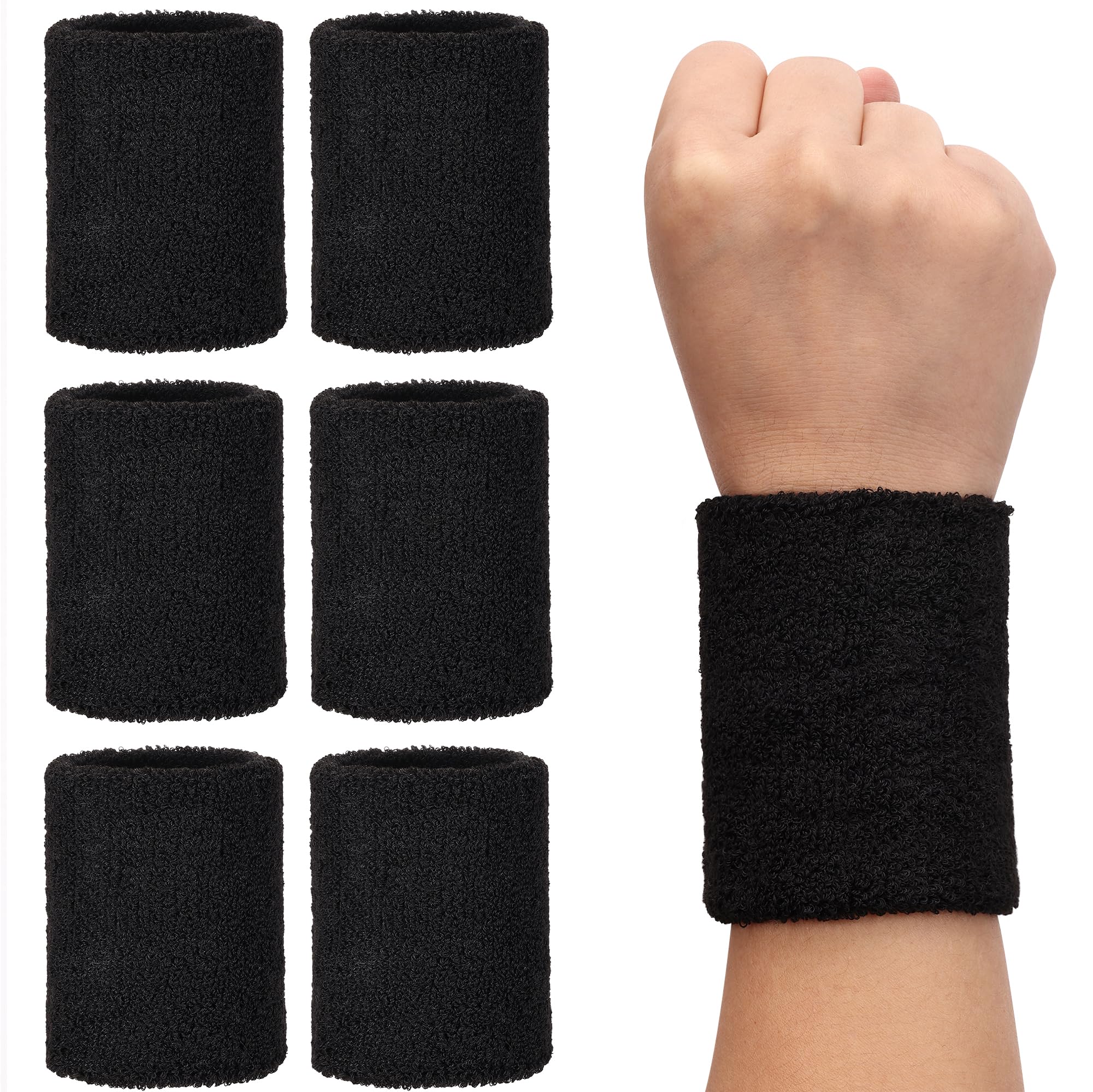 H&S Sweat Bands - 6 Cotton and Spandex Wristbands Sweatbands for Gym, Tennis and Running - Stretchable Padded Wristband - Wrist Band Sweatband for Men and Women - Machine Washable