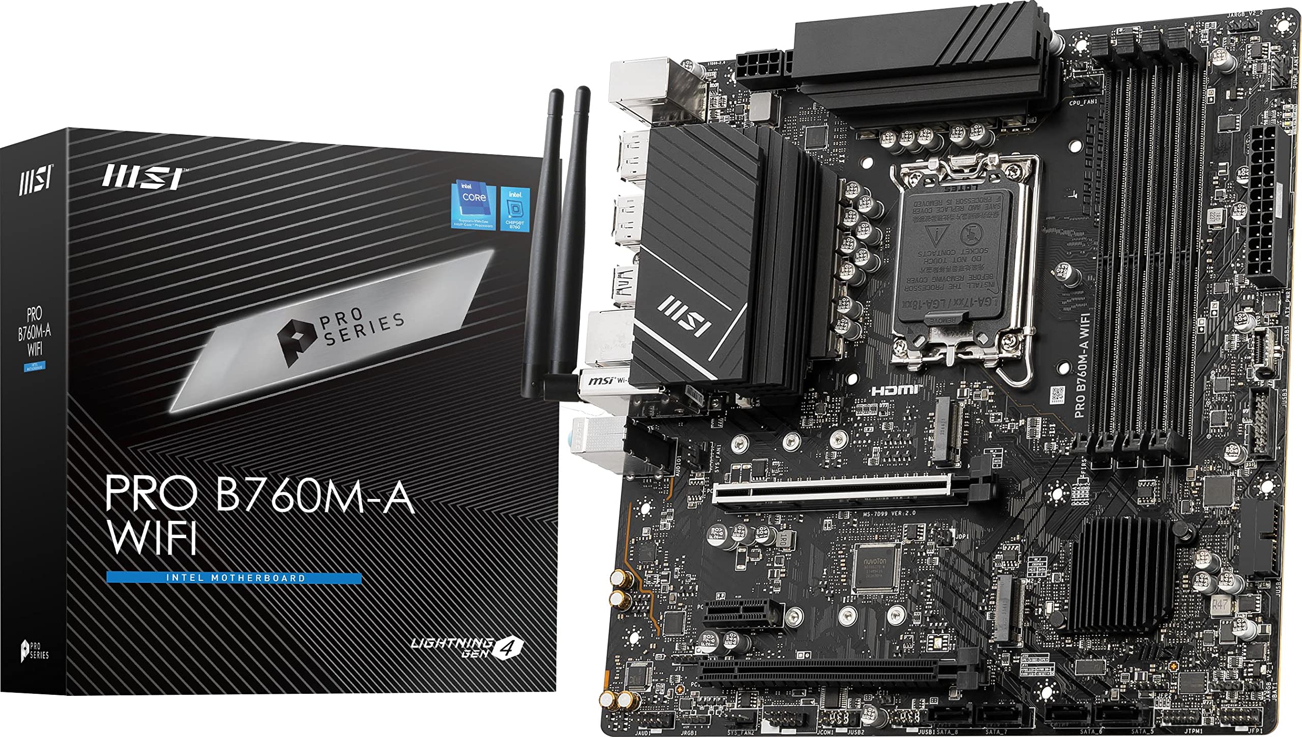 MSI PRO B760M-A WiFi ProSeries Motherboard (Supports 12th/13th/14th Gen Intel Processors, LGA 1700, DDR5, PCIe 4.0, M.2, 2.5Gbps LAN, USB 3.2 Gen2, HDMI/DP, Wi-Fi 6E, Bluetooth 5.3, mATX)