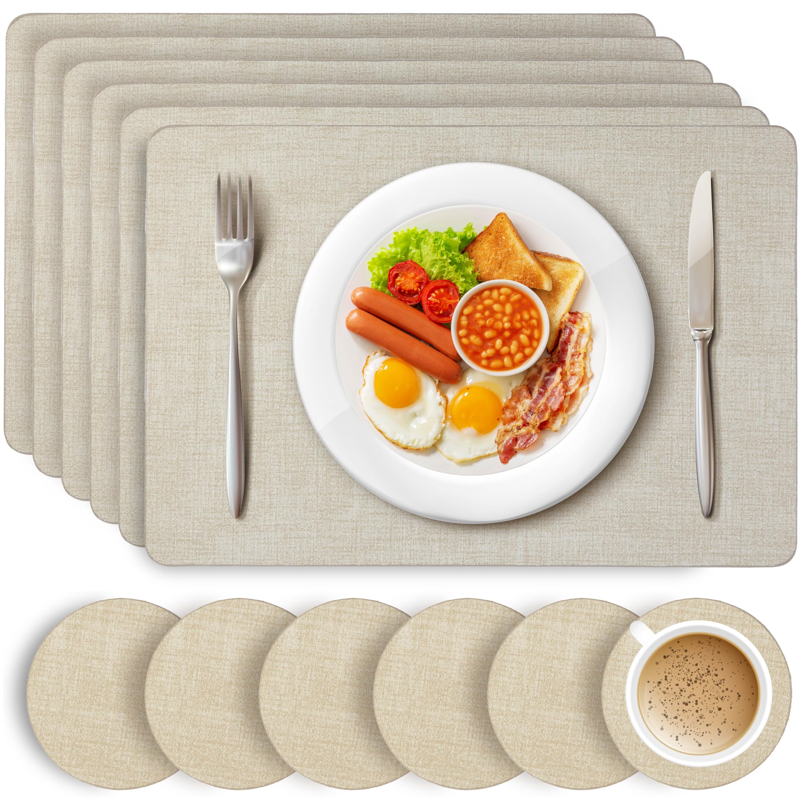 HEFTMAN Beige Placemats and Coasters - Set of 6 Large PU Leather Coasters and Place Mats for Table, Heat Resistant up to 100℃, Stain Resistant Wipe Clean Placemats, 43cm x 30cm