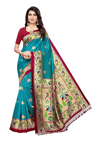Sarees For Women Rama Color Joya Silk Printed Saree Border Tassels With Blouse Piece(GRANTI-FLOWER-RAMA_Free Size)