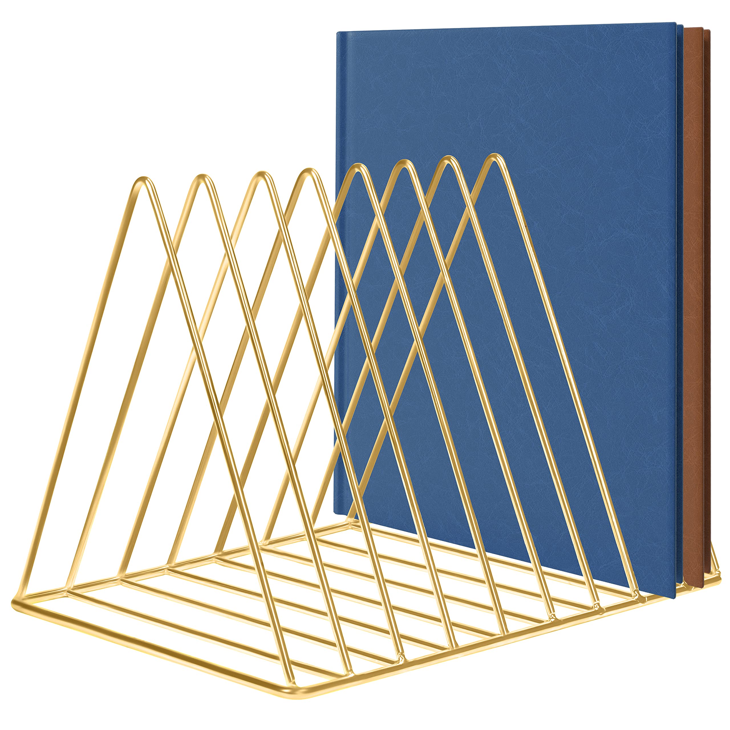 BELLE VOUS Metal Gold Magazine Holder Rack - 9 Slot Triangle Desktop Organiser for Home, Bookshelf, Bathroom and Office Storage - For Books, Newspapers, Tablets and Folders