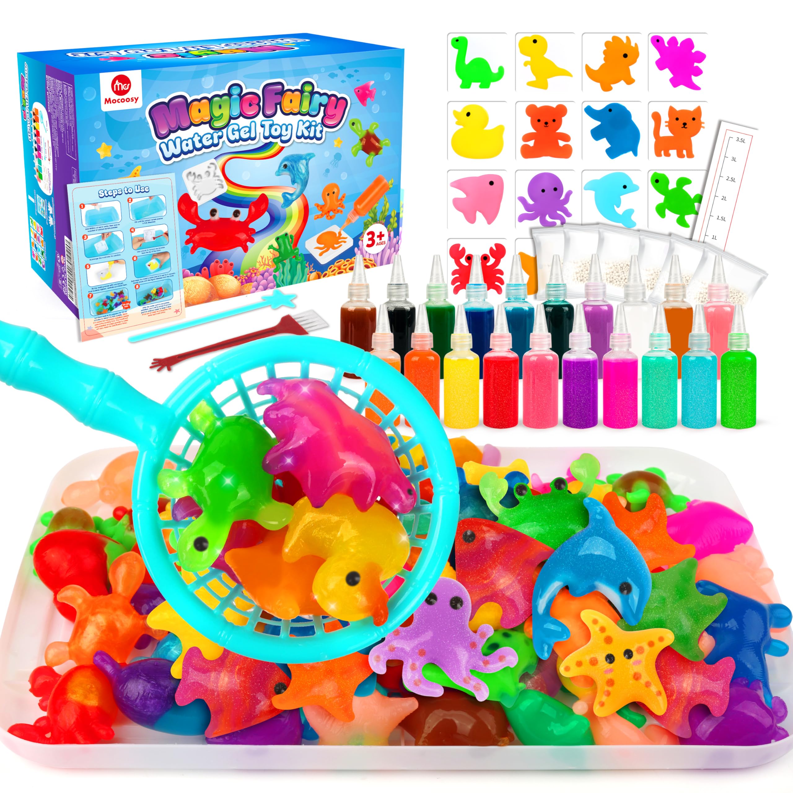 Mocoosy 20 Colors Magic Water Gel Kit for Kids, Aqua Fairy Water Elf Toy Kit with 20 Aqua Gels & 16 Squishy Molds, Squishy Making Kit Water Pets DIY Crafts Easter Basket Stuffer Gifts for Boys Girls