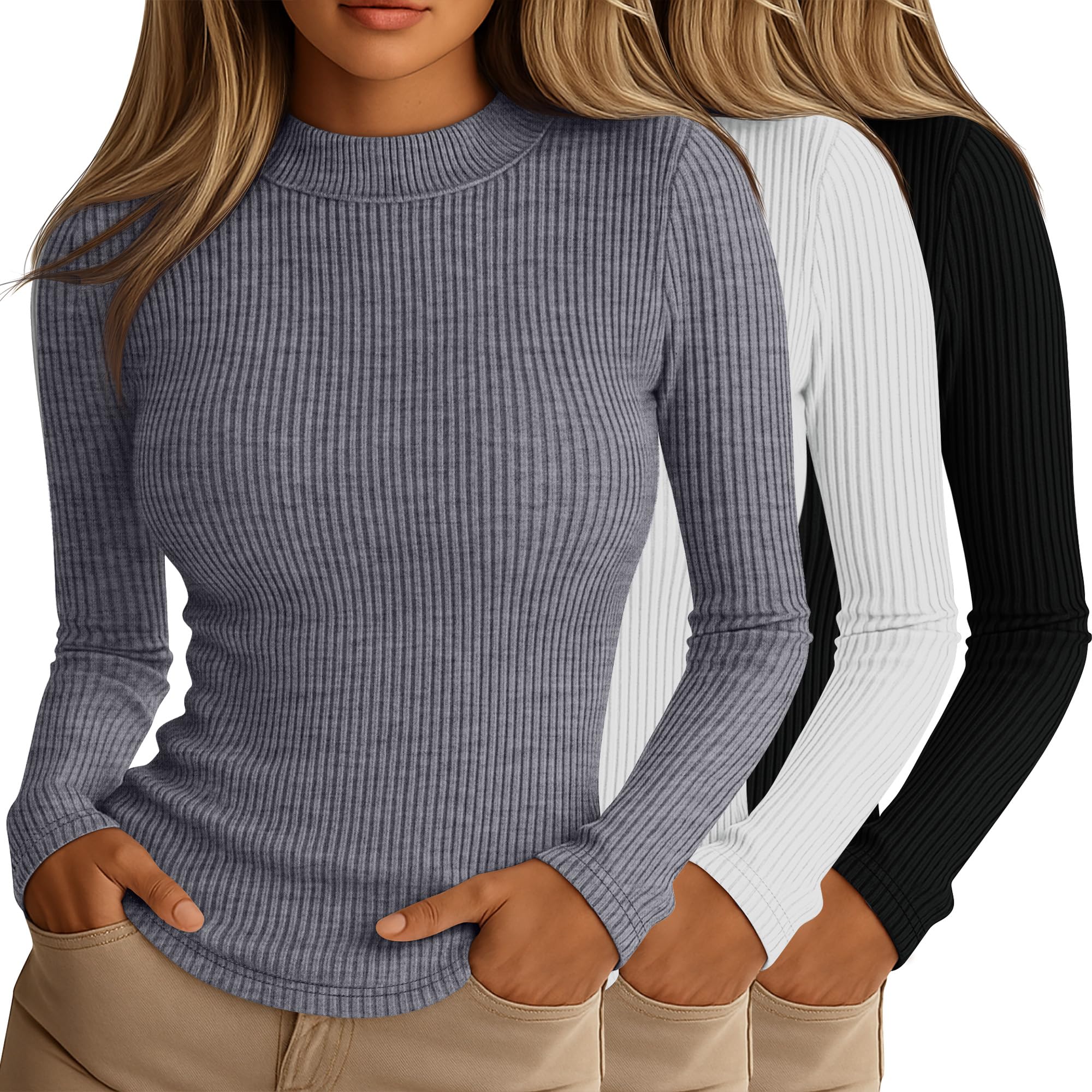 Photo 1 of **MISSING ITEMS** Riyiper 3 Pack Women's Ribbed Shirts, Mock Turtleneck Long Sleeve Tops Slim Fitted Undershirts Casual Basic Layering Tees(Black, White, Dark Gray,Medium)