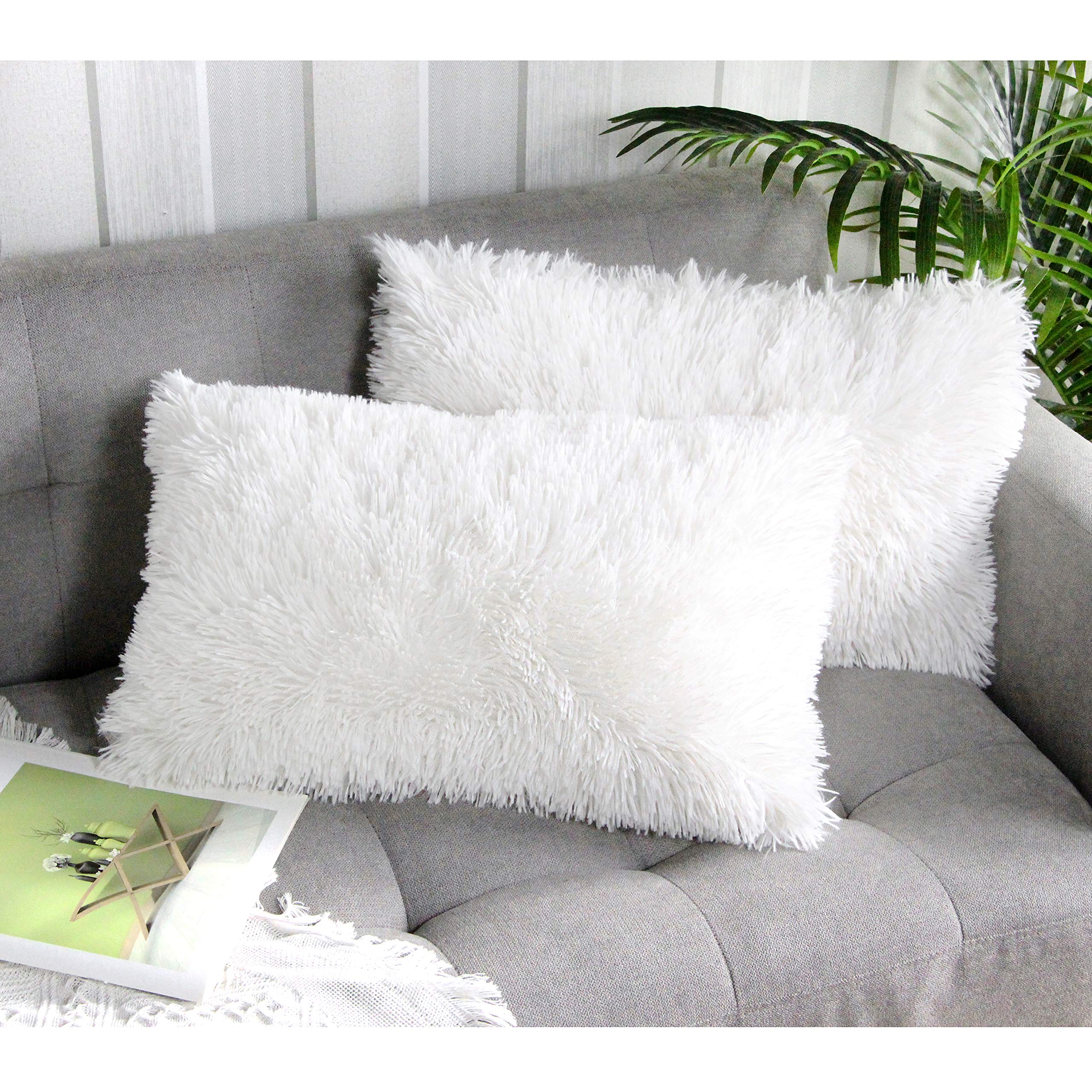 Uhomy 2 Packs Fall Winter Home Decorative White Fluffy Plush Pillow Cover 12"x20", Luxury White Faux Fur Throw Pillow Case Square Cushion Pillow Cover for Sofa Bed,Zippered True White 30x50 cm