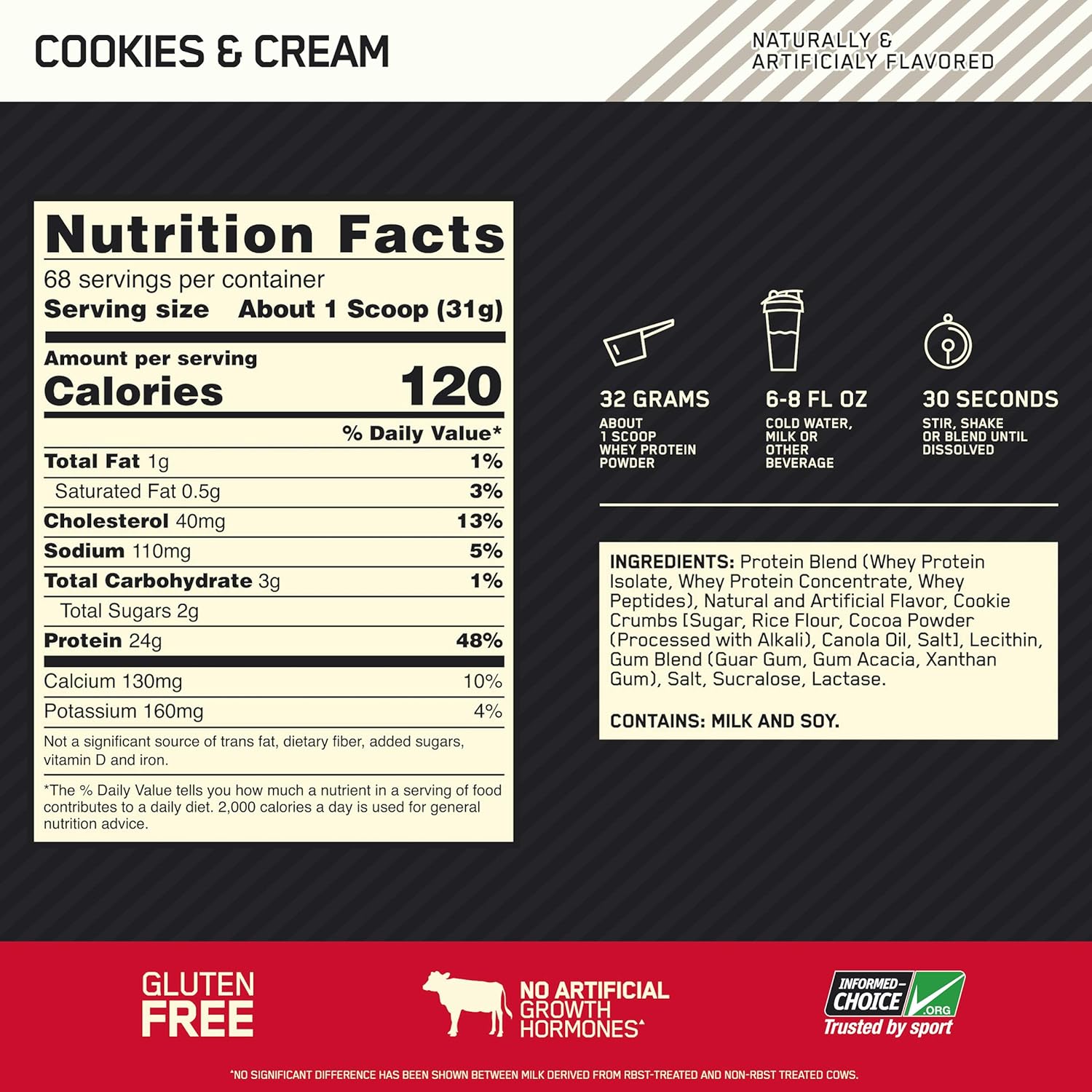 Optimum Nutrition Gold Standard 100% Whey Protein Powder, Cookies and Cream, 4.65 Pound (Packaging May Vary): Health & Personal Care